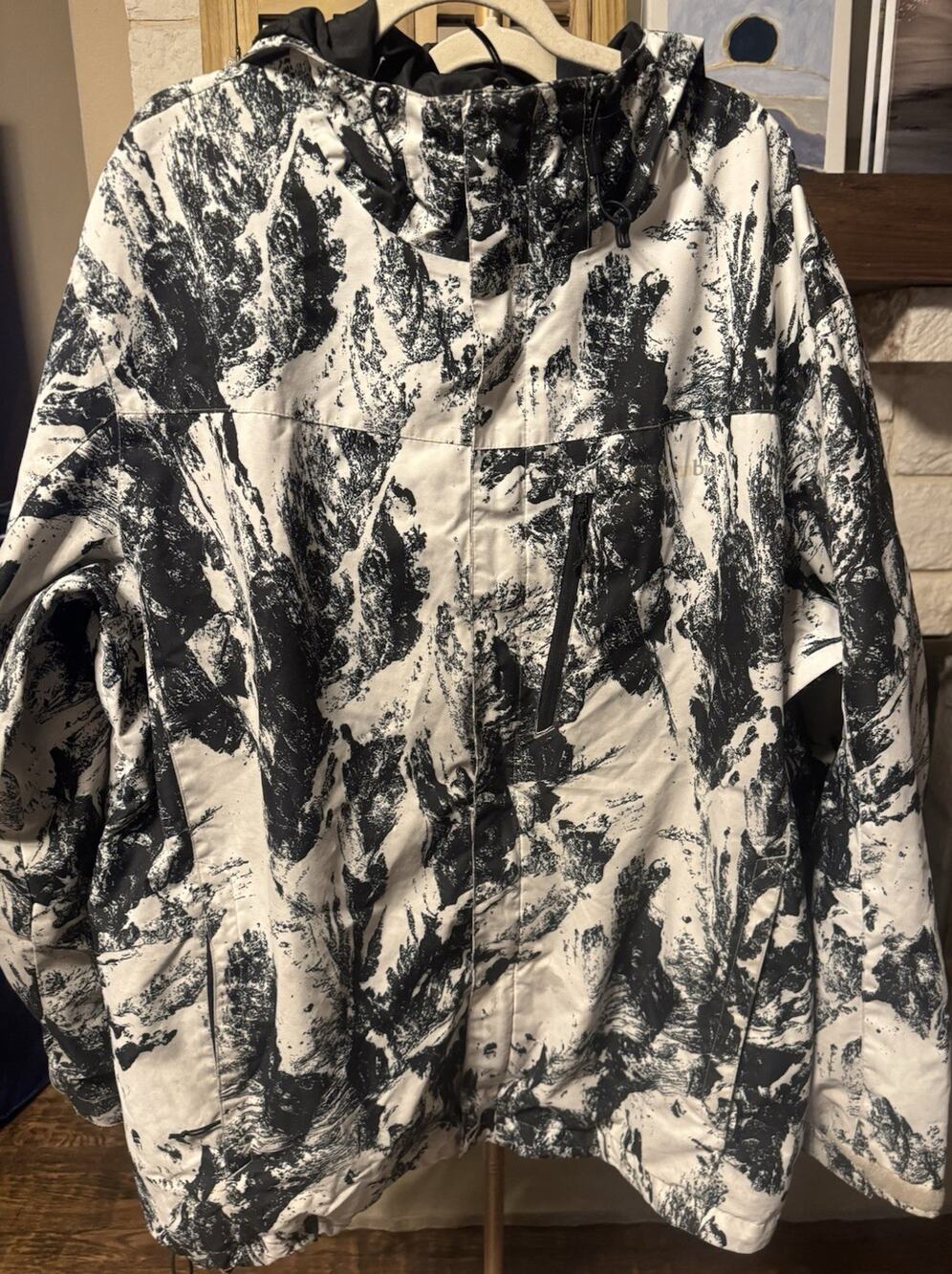 Columbia Men's Jacket 2XT Tall Black White Camo Hooded Zip Stand-Up Collar